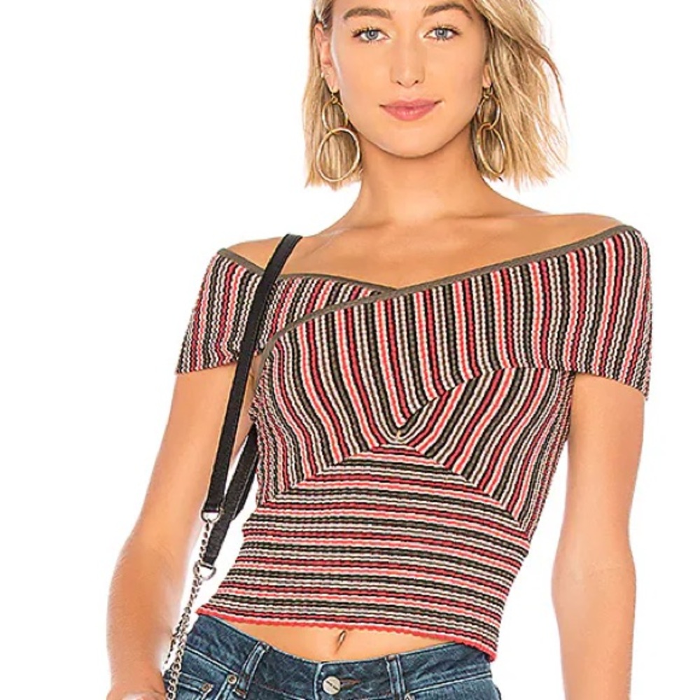 BCBGMAXAZRIA Stripe Rib Off Shoulder Top